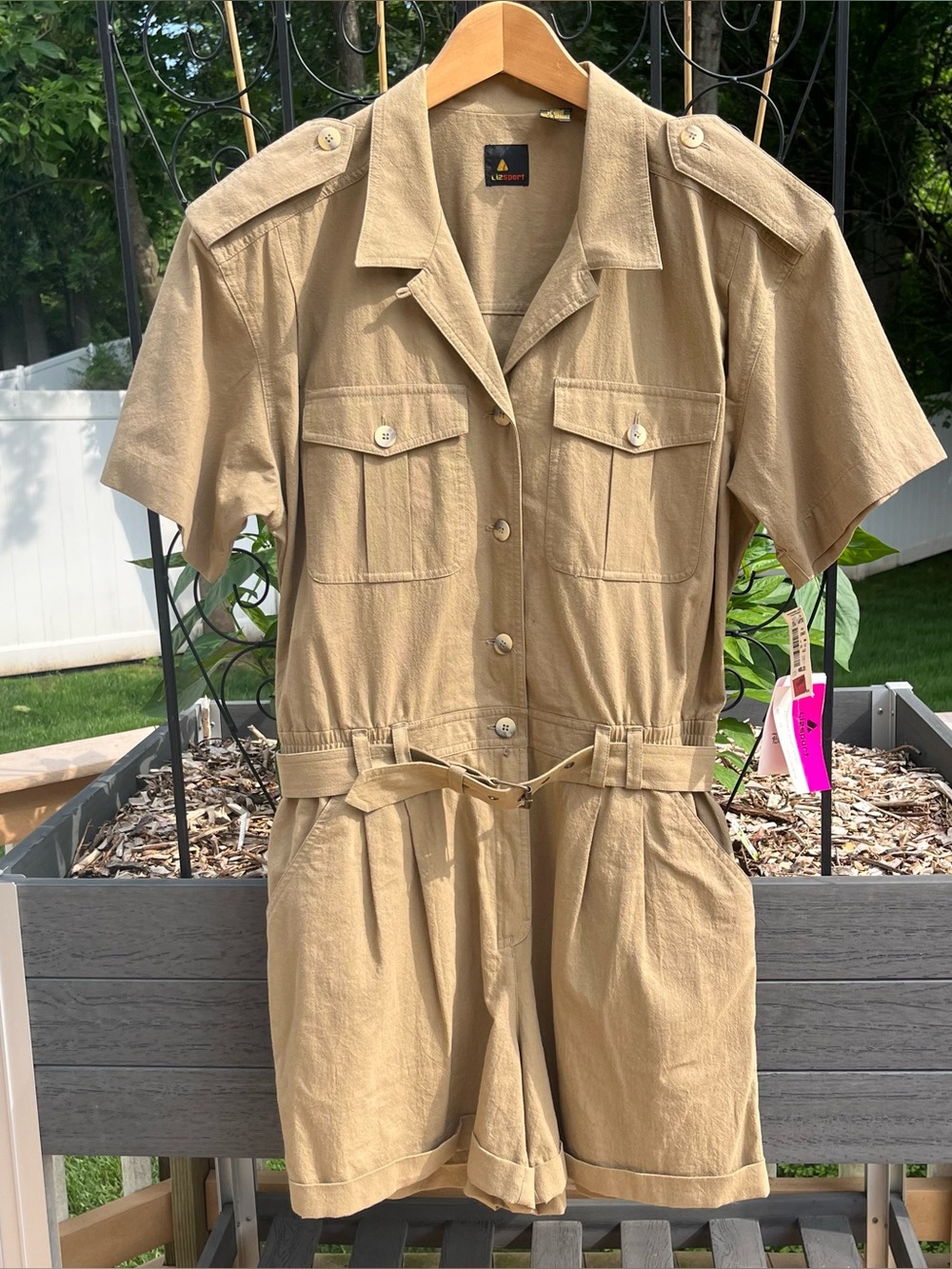 Vtg Liz Sport 100% Cotton Khaki Safari Romper Size 14 Belted Outdoor Costume NEW